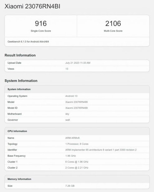 Результаты тестов Redmi 12 5G в Geekbench